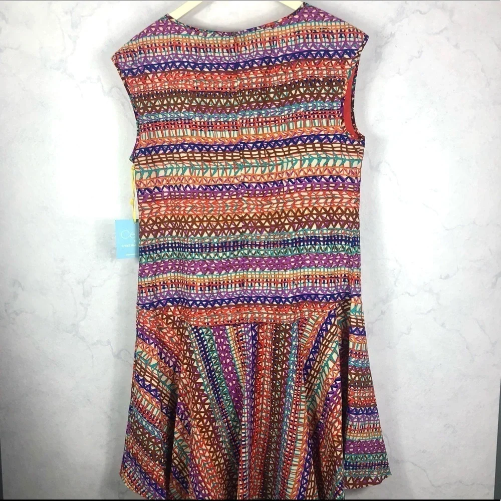 [CeCe] Bitsy Flounce Print Rainbow Stripe Dress